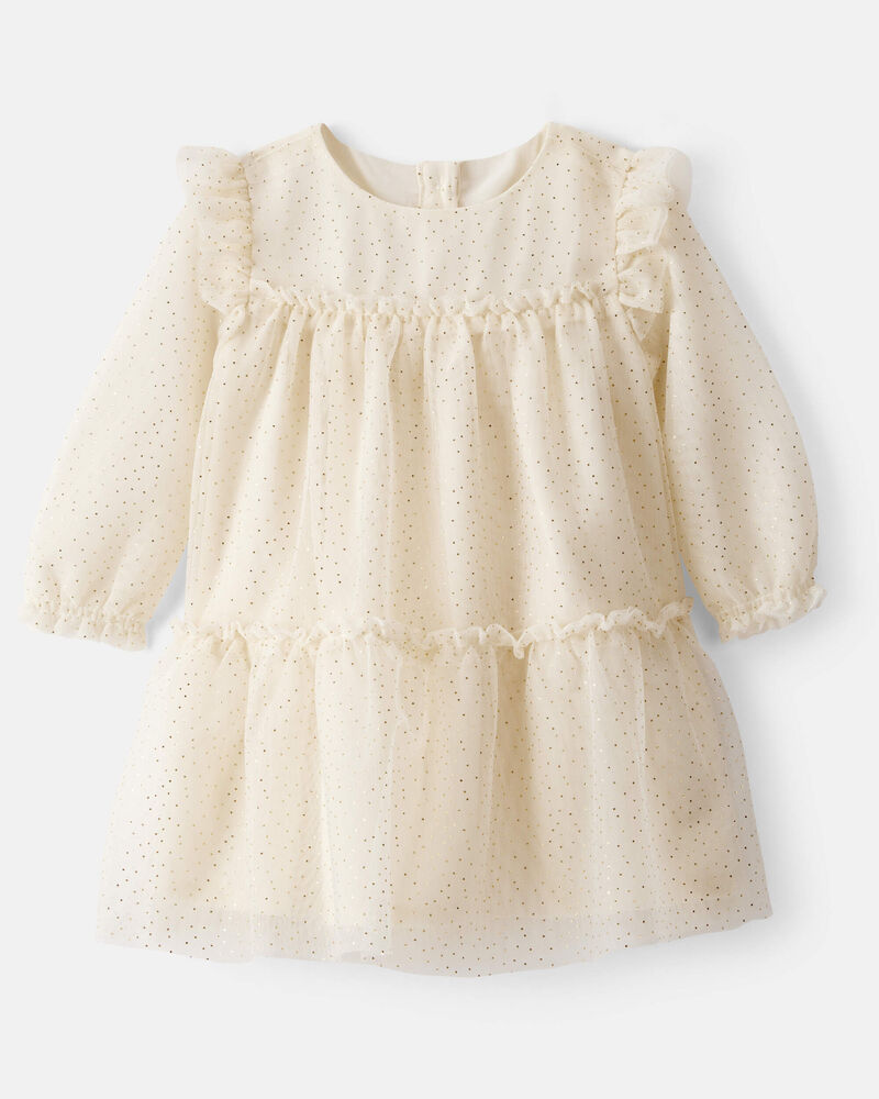 Baby Girl Sparkle Polka Dot Tulle Long-Sleeve Dress - Ivory, image 1 of 5 slides