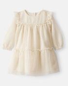 Baby Girl Sparkle Polka Dot Tulle Long-Sleeve Dress - Ivory, image 1 of 5 slides