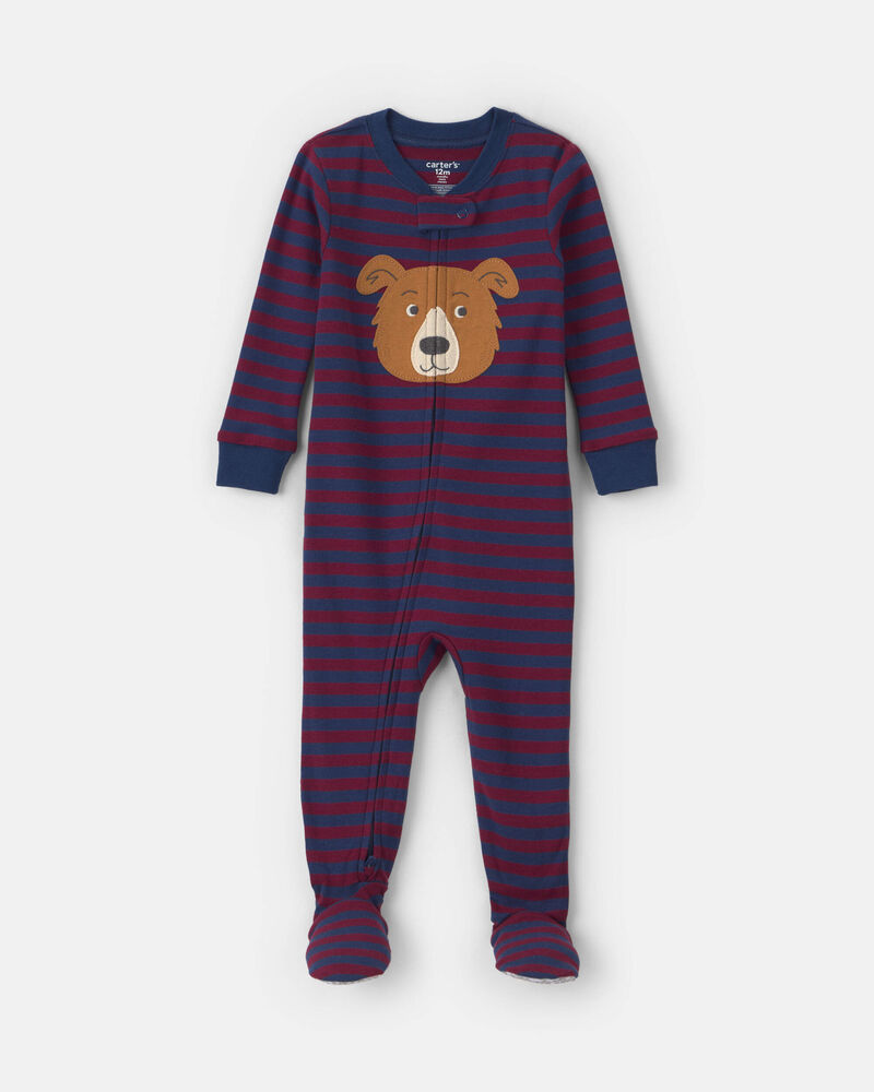 B&eacute;b&eacute; gar&ccedil;on - Pyjama ajust&eacute; 1 pi&egrave;ce en 100&nbsp;% coton &agrave; fermeture &agrave; glissi&egrave;re double sens et pieds &agrave; motif chien &ndash; Bourgogne/Bleu, image 1 sur 4 diapositives