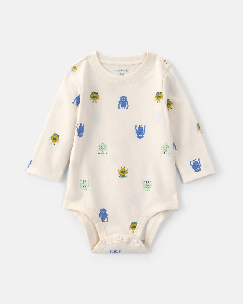Baby Boy Monster Long-Sleeve Graphic Bodysuit - Cream, image 1 of 3 slides