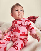 Baby Girl 1-Piece Bows 2-Way Zip DreamPlush Snug Fit Footed Pyjama - Pink, image 6 of 7 slides