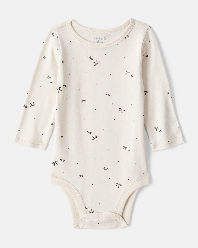 Baby Girl Bow Print Cotton Long-Sleeve Dress Set - White/Grey, image 3 of 7 slides