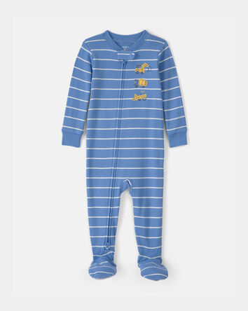 Toddler Boy Construction Striped 100% Cotton Snug Fit 1-Piece Pyjama Set - Blue, 