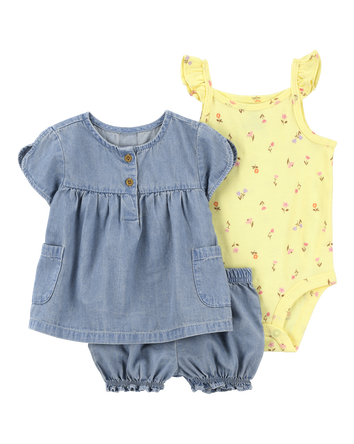 Baby 3-Piece Floral Outfit Set - Yellow/Chambray, 