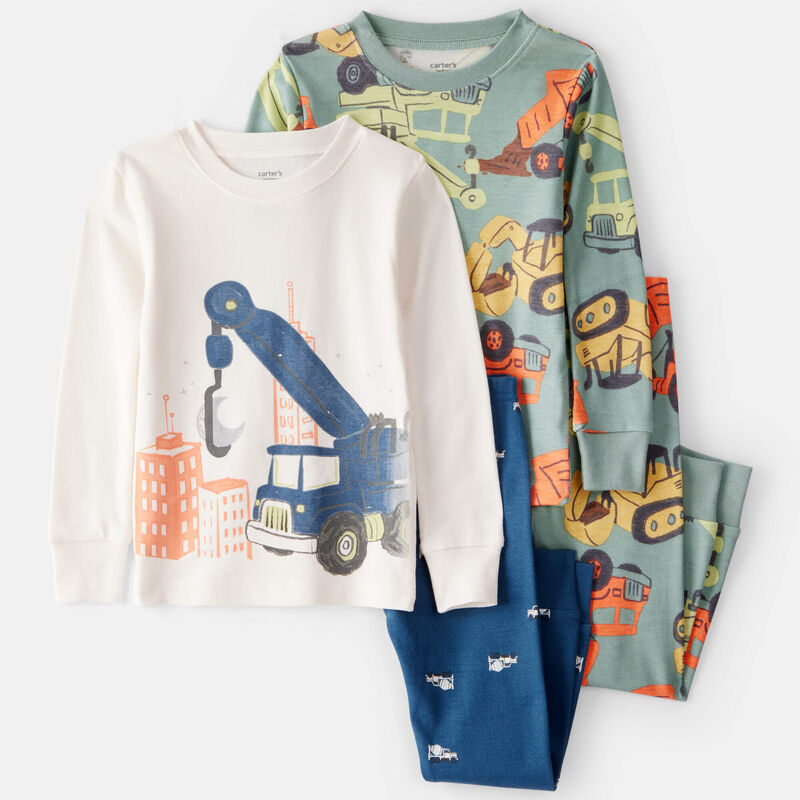 Multi Toddler Boy Construction Print 100% Cotton Long-Sleeve 4-Piece Pyjamas - Blue/Navy/White | Carter’s Oshkosh Canada