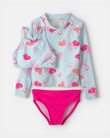Toddler Girl Pool Float 3-Piece Rashguard Swimsuit Set - Blue/Pink, 