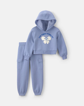 Filles - Ensemble 2 pi&egrave;ces en molleton avec chandail &agrave; capuchon &agrave; motif n&oelig;ud et pantalon &ndash; Bleu, 