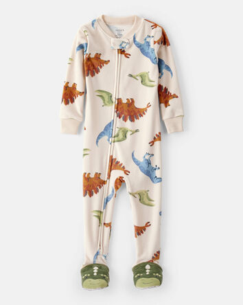 Tout-petit gar&ccedil;on - Pyjamas 1 pi&egrave;ce &agrave; manches longues avec fermeture &eacute;clair 2 voies DreamPlush ajustement confortable imprim&eacute; de dinosaures - Blanc, 