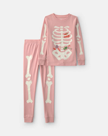 Girls 2-Piece Halloween Skeleton 100% Cotton Snug Fit Pyjama Set - Pink, 