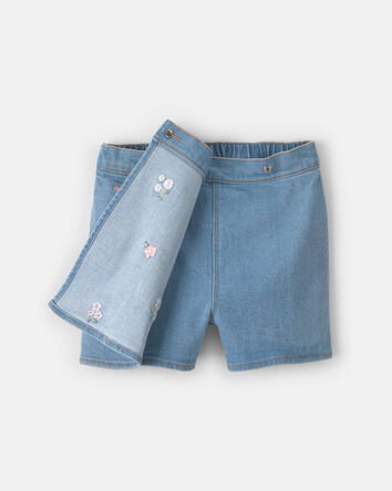 Girls Floral Embroidered Denim Wrap Skort - Medium Wash, 