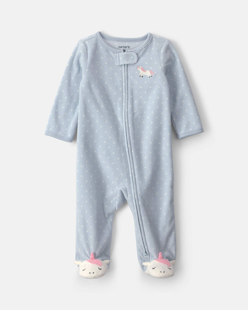 Baby Girl Unicorn Fleece 2-Way Zip Sleepers - Blue, image 1 of 6 slides