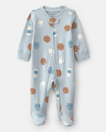Baby Boy Milk & Cookies 100% Cotton 2-Way Zip Sleeper - Blue, 