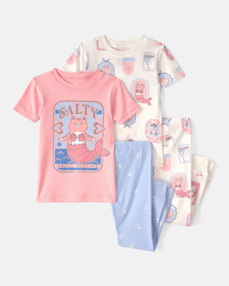 Toddler Girl Mermaid Cat 100% Cotton Snug Fit 4-Piece Pyjama Set - Pink/Ivory, image 1 of 4 slides