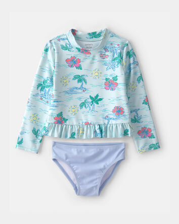 Toddler Girl 2-Piece Beach  Long-Sleeve Rashguard Swimsuit Set - Blue, 