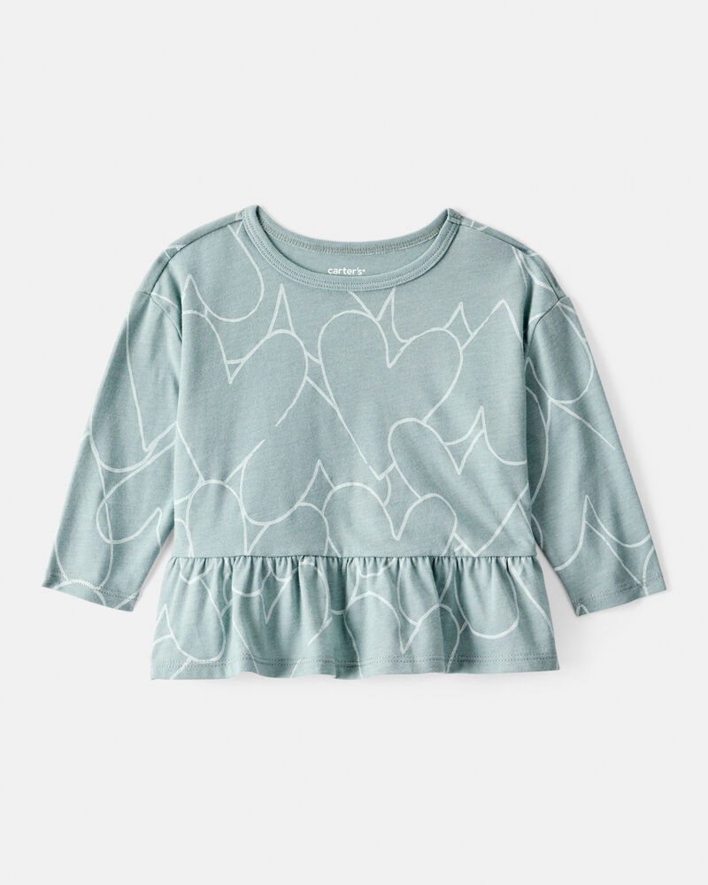 Baby Girl Heart Long-Sleeve Peplum  Top - Green, image 1 of 3 slides