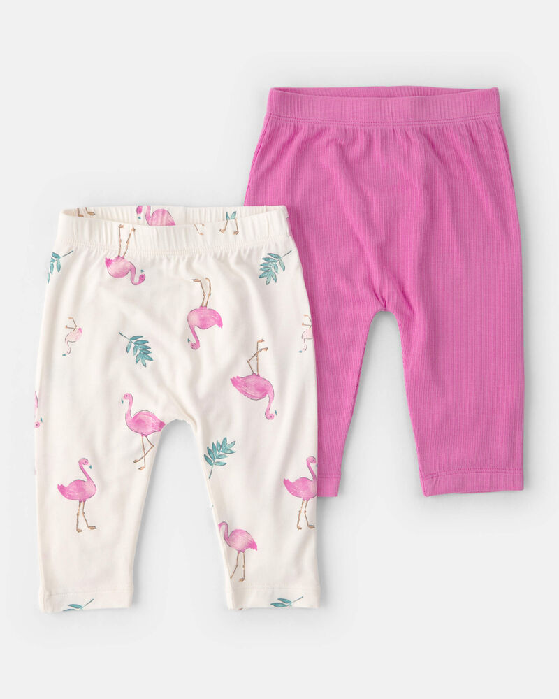 Baby Girl 2-Pack Flamingo PurelySoft Pull-On Pants - Pink/Ivory, image 1 of 7 slides