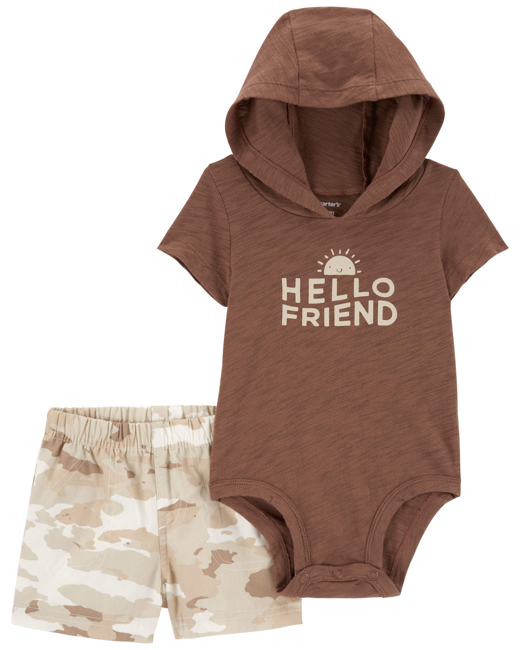 Baby 2 Piece Hello Friend Hooded Bodysuit Camo Short Set
