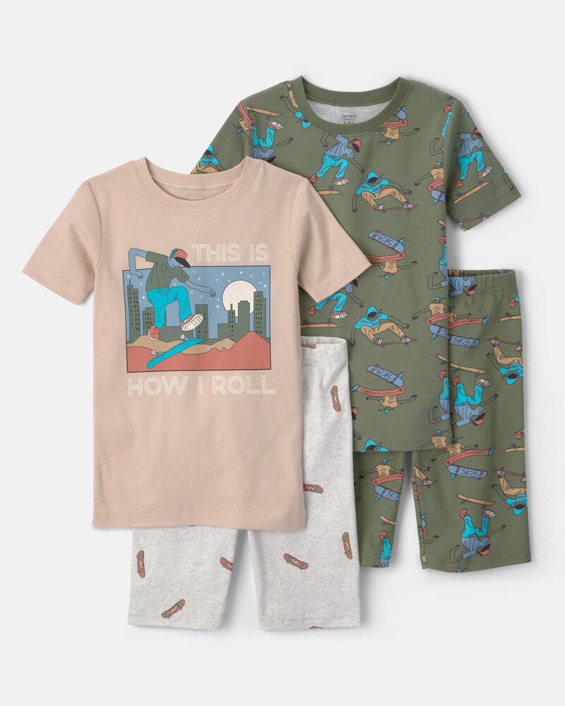 Boys Skateboard Cotton Short-Sleeve Snug Fit 4-Piece pyjama Set - Green/Brown, image 1 of 5 slides