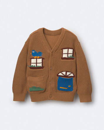Toddler Cardigan with Avenue Pockets in House Print - Brown, 