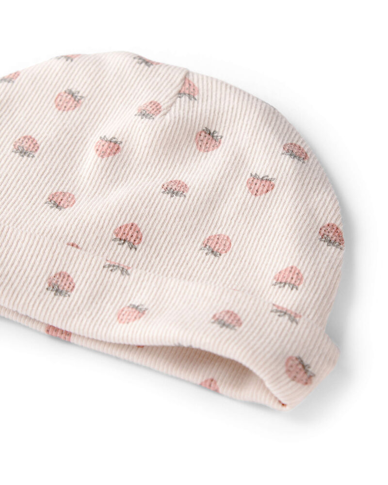 Baby Girl Organic Cotton Rib Cap in Strawberry Print, image 2 of 3 slides