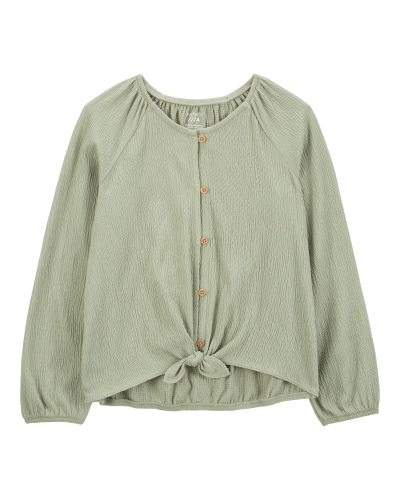 Kid Gauze Long-Sleeve Button-Up Top - Green, image 1 of 3 slides