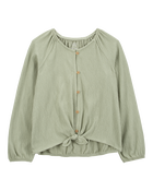 Kid Gauze Long-Sleeve Button-Up Top - Green, image 1 of 3 slides