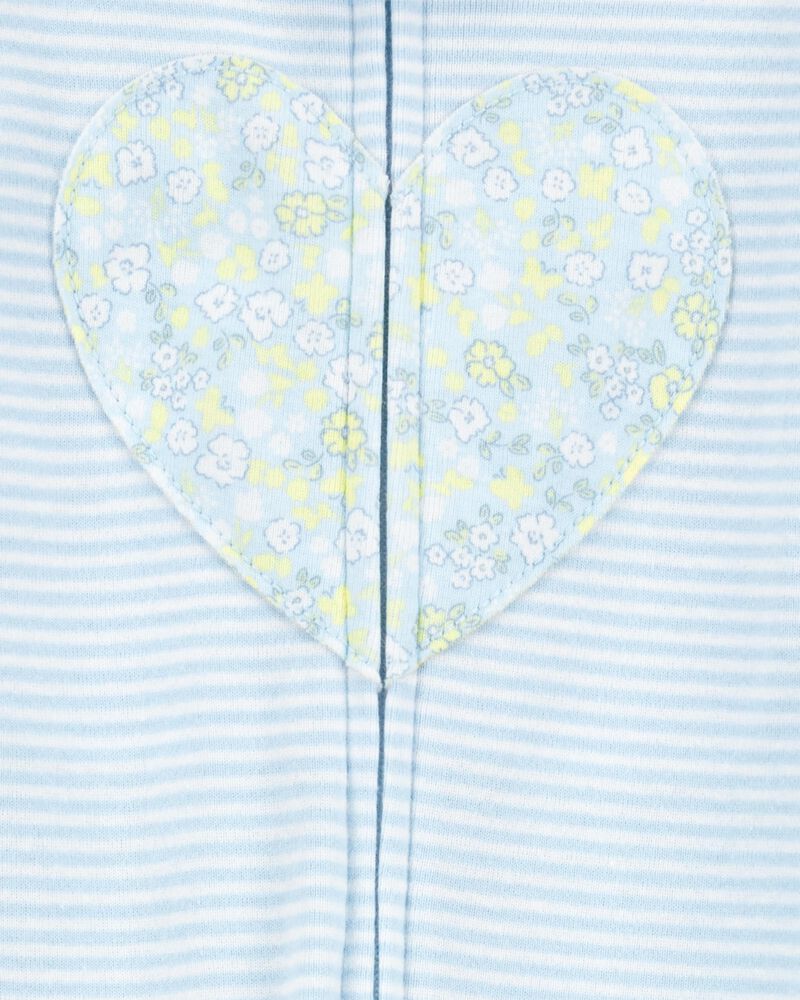 Tout-petit fille - Pyjama 1 pièce à pieds en coton ajusté à rayures et cœurs - Bleu, image 2 sur 4 diapositives