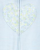 Tout-petit fille - Pyjama 1 pièce à pieds en coton ajusté à rayures et cœurs - Bleu, image 2 sur 4 diapositives