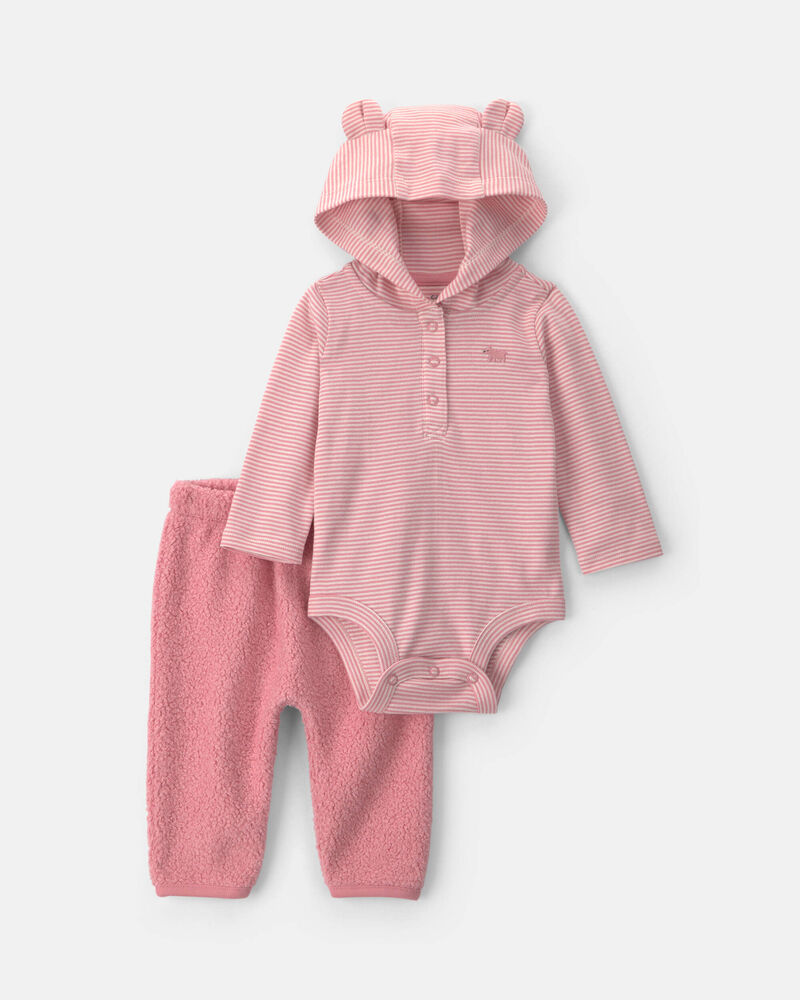 Baby Girl 2-Piece Bear Teddy Fleece Long-Sleeve Bodysuit & Pant Set - Pink, image 1 of 5 slides