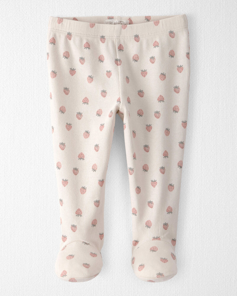 Baby Girl Organic Cotton Rib Footed Pants in Strawberry-Print, image 1 of 5 slides