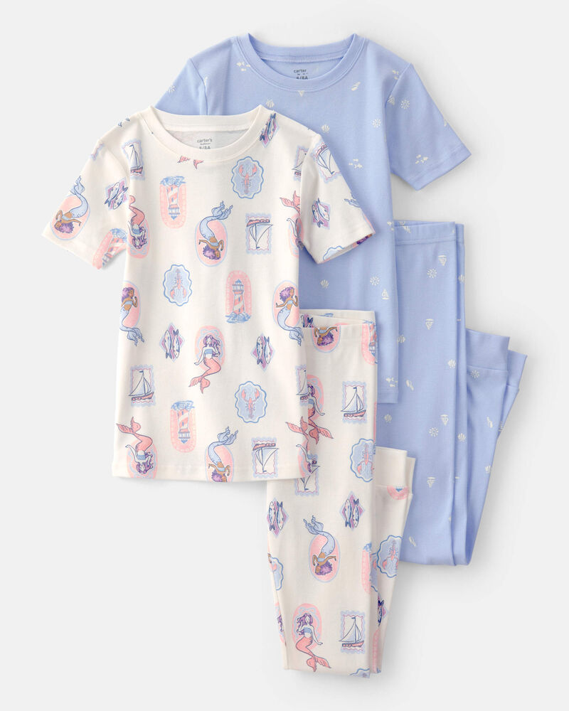 Girls Mermaid 100% Cotton Snug Fit 4-Piece Pyjama Set - Blue/Ivory, image 1 of 4 slides