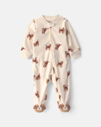 Baby Boy Dog Fleece 2-Way Zip Sleeper Pyjamas - Cream, 