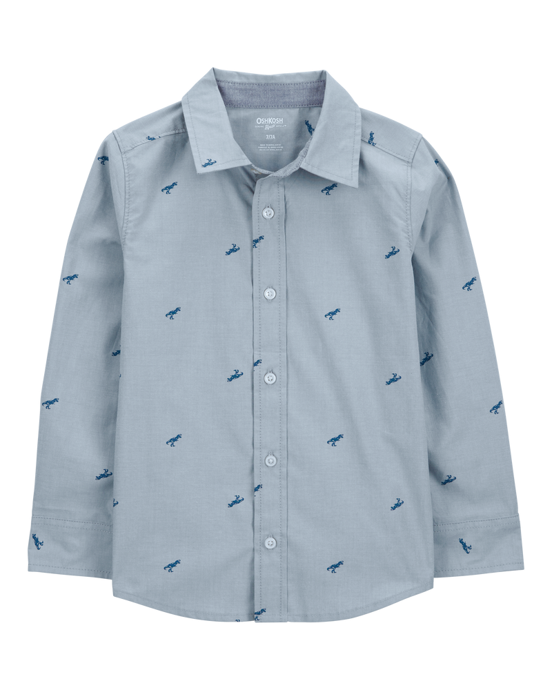 Kid Long-Sleeve Dinosaur Print Chambray Button-Down Shirt - Blue, image 1 of 3 slides
