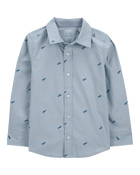 Kid Long-Sleeve Dinosaur Print Chambray Button-Down Shirt - Blue, image 1 of 3 slides