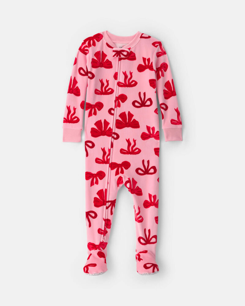 Toute-petit fille - Pyjama ajust&eacute; 1 pi&egrave;ce en DreamPlush avec pieds &agrave; motif n&oelig;ud &ndash; Rose, image 1 sur 3 diapositives