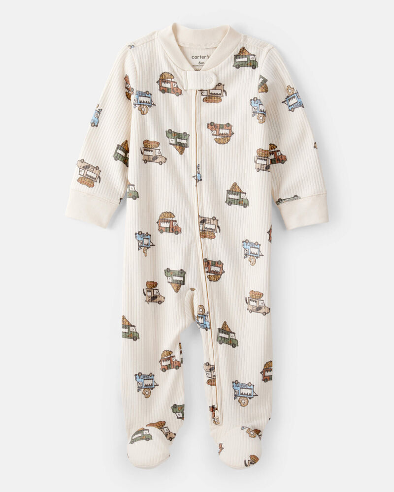 Baby Boy Truck Print Cotton Long-Sleeve Sleeper- White, image 1 of 4 slides
