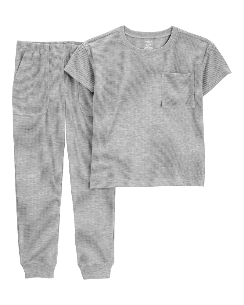 Garçons - Pyjama 2 pièces décontracté en tricot gaufré de couleur unie - Gris, image 1 sur 3 diapositives