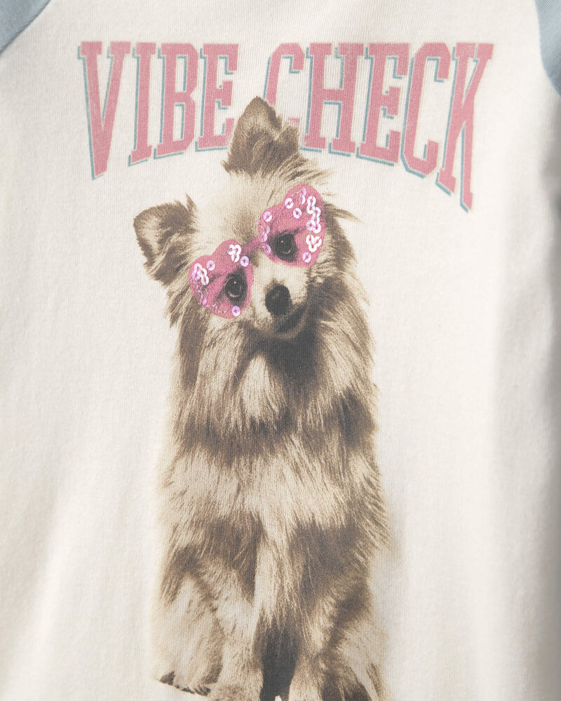Girls 'Vibe Check' Dog Graphic Tee - Cream/Blue, image 2 of 4 slides