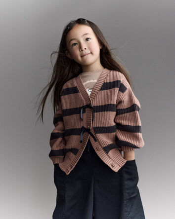 Toddler Girl Striped Puff-Sleeve Cardigan with Bows - Mocha Brown/Black, 