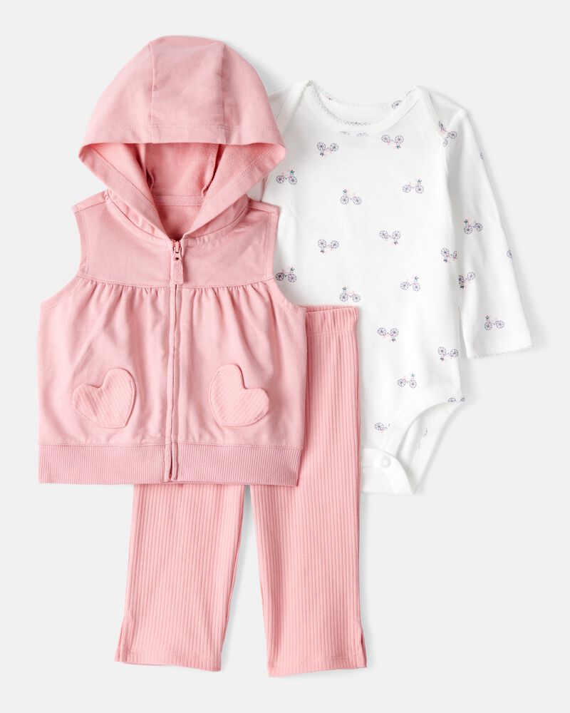 Baby Girl 3-Piece Heart Vest Outfit Set - Pink, image 1 of 5 slides