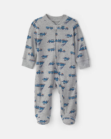 Baby Boy Train Cotton 2-Way Zip Thermal Sleeper - Grey, 