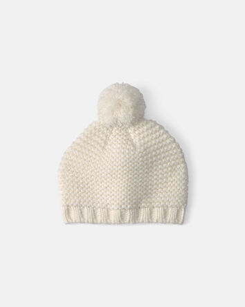 Baby Girl Pom Knit Beanie - White, 