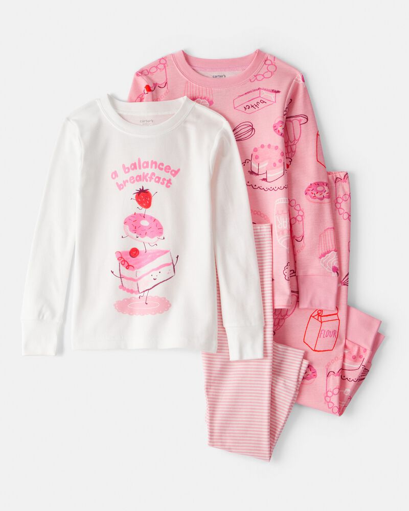 Toddler Girl Desserts 100% Cotton Snug Fit 4-Piece Pyjamas - Pink/White, image 1 of 4 slides