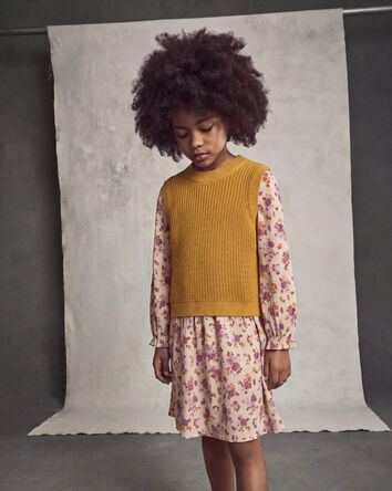 Filles - Robe manches longues &agrave; motif floral &ndash; Jaune/Cr&egrave;me, 