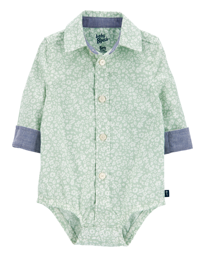 Baby Floral Button-Front Long-Sleeve Bodysuit - Green, image 2 of 4 slides