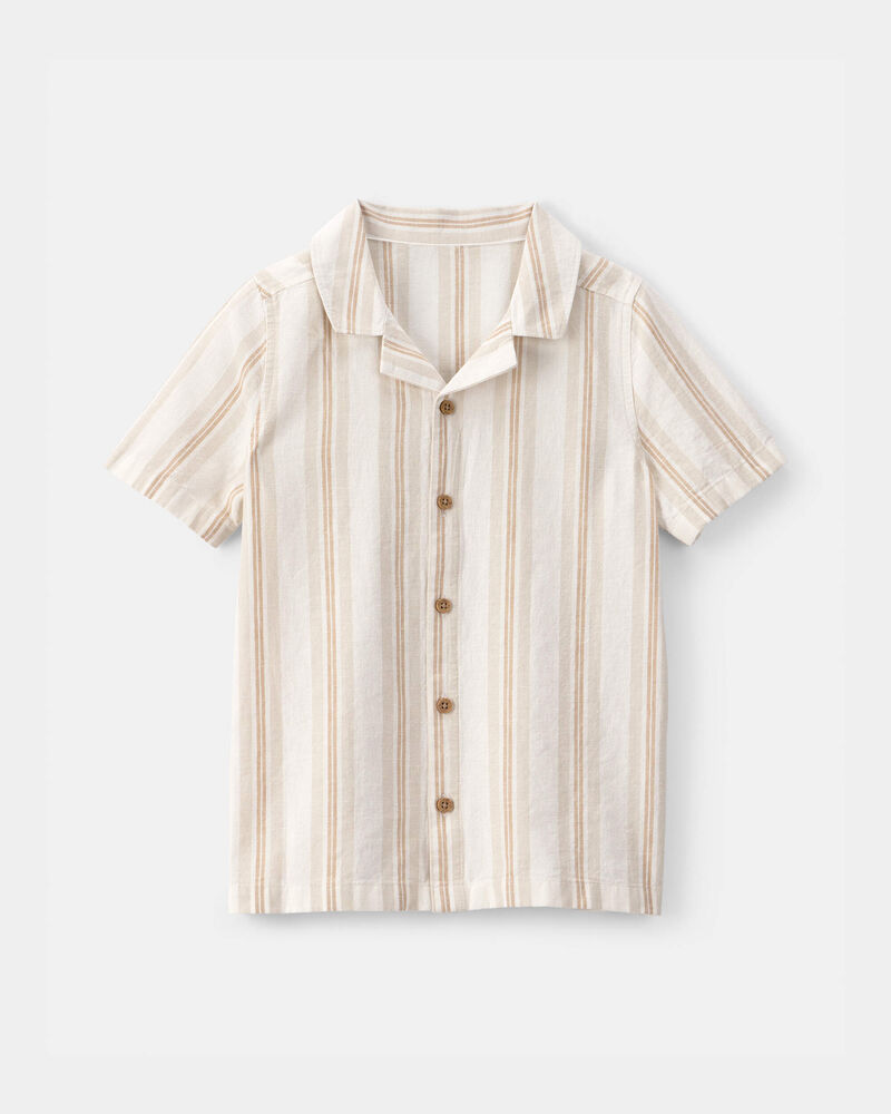 Boys Linen Striped Short-Sleeve Button-Down Shirt - Tan/Ivory, image 1 of 3 slides