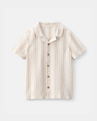 Boys Linen Striped Short-Sleeve Button-Down Shirt - Tan/Ivory, image 1 of 3 slides