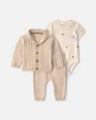 Baby Boy 3-Piece Cotton Sweater Layering Set - Cream, image 1 of 6 slides