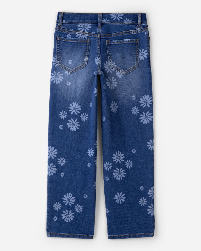 Girls Dark Wash Floral Print Denim Straight-Leg Jeans - Blue, image 2 of 4 slides