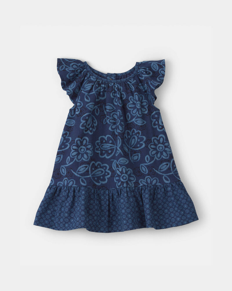 Baby Girl Floral Ruffle-Sleeve Linen Dress - Blue, image 1 of 5 slides